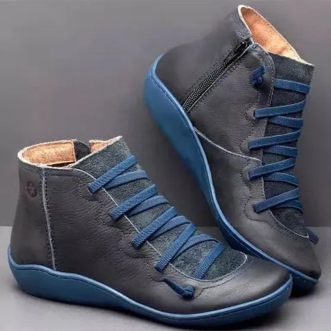 Women's Plus Size Ankle Boots Autumn Retro PU Leather Side Zipper Cross Lace-up Casual Flat Short Boots For Ladies
