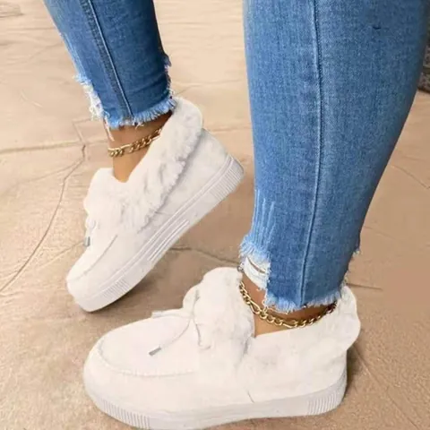 Women Winter Warm Cotton Shoes Plush Lined Platform Round Toe Casual Bow Leopard Print Indoor Outdoor Comfort Thermal Footwear