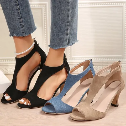 Women's Peep Toe Stiletto High Heel Sandals Hollow Out Suede Denim Fabric Party Dress Shoes With Back Zipper Fashion Pumps