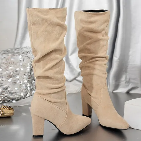Stivali Alti Donna Slouchy Punta a Mandorla Tacco Largo Camoscio Stivali Slouch Moda Invernale Stivali Lunghi