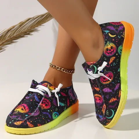 Women Halloween Pumpkin Ghost Print Canvas Shoes Casual Flat Sneakers Gradient Sole Festival Footwear For Holiday Party