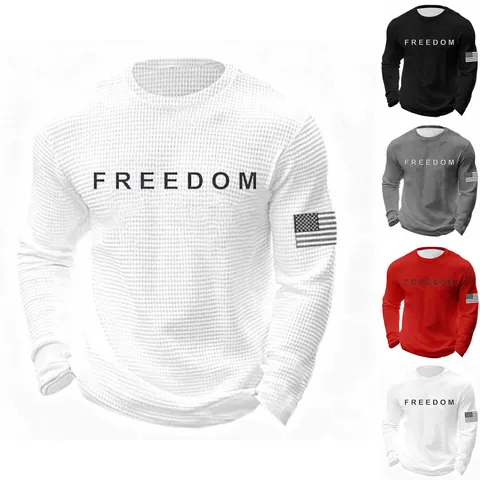Men Waffle Knit Freedom Letter Print Sweatshirt Long Sleeve Crewneck Pullover Top With American Flag Patch Casual Sporty Wear