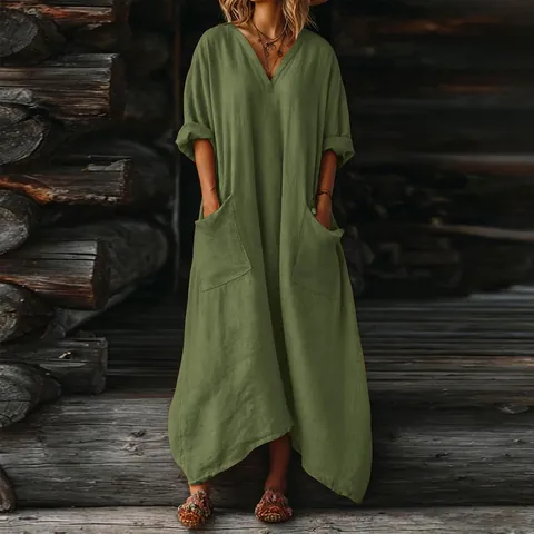 Women's Plus Size Bohemian Solid Cotton Linen Maxi Dress Casual Deep V-Neck Loose Kaftan Dress with Large Side Pockets