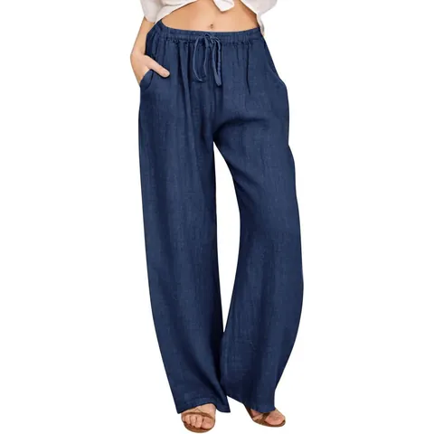 Women's Casual Cotton Linen Blend Loose Bottom High Waist Drawstring Wide Leg Trousers With Pockets Solid Color Soft Bottom