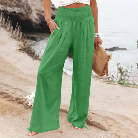 Women High Waist Smocked Wide Leg Pants Cotton Linen Blend Drawstring Hem Casual Straight Trousers With Pockets Summer Beach Bottoms