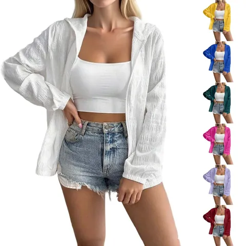 Chaqueta de Protección Solar Jacquard para Mujer Primavera 2025 Cárdigan con Capucha de Manga Larga Fina Exterior