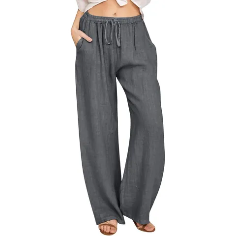 Women's Casual Cotton Linen Blend Loose Bottom High Waist Drawstring Wide Leg Trousers With Pockets Solid Color Soft Bottom
