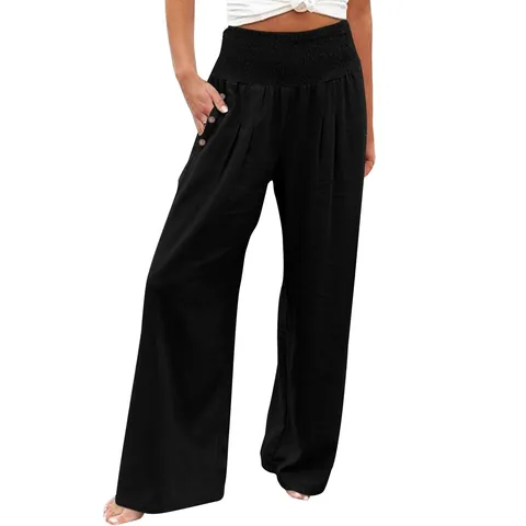Women Cotton Linen Blend Wide Leg Pants High Smocked Elastic Waist Casual Loose Trousers Solid Color Beach Summer Bottoms