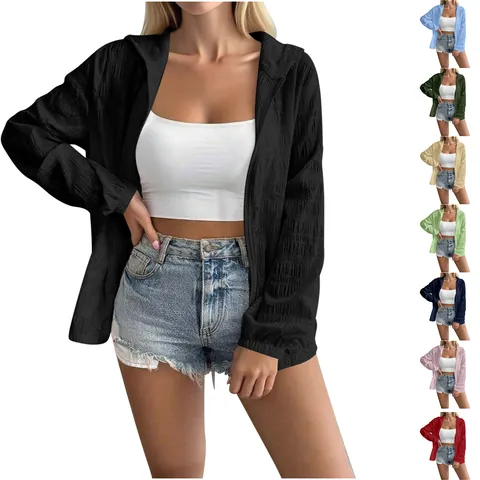 Chaqueta de Protección Solar Jacquard para Mujer Primavera 2025 Cárdigan con Capucha de Manga Larga Fina Exterior