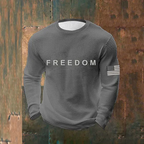 Men Waffle Knit Freedom Letter Print Sweatshirt Long Sleeve Crewneck Pullover Top With American Flag Patch Casual Sporty Wear
