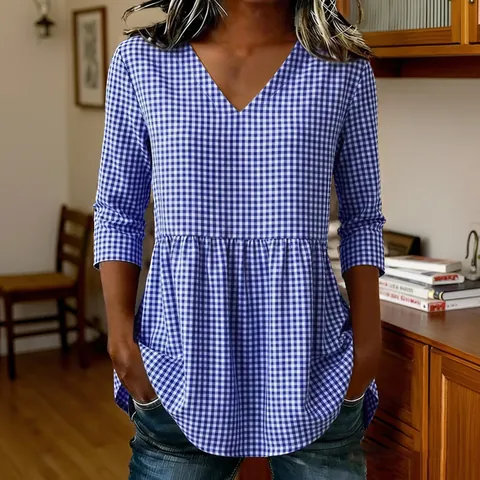 Women Cotton Linen Gingham V Neck Peplum Top Summer Casual 3/4 Sleeve Waist Cinching Ruffle Hem Blouse Plaid Shirt Top