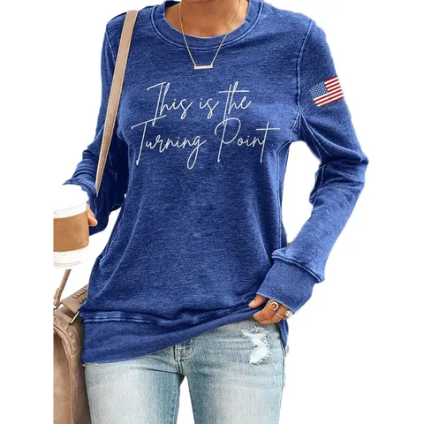 Women's Round Neck Long Sleeve Sweatshirt Cotton Letter Print American Flag Patch Loose Casual Autumn Fashion Pullover Top