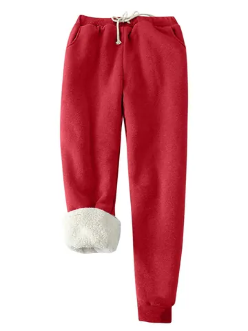Women Winter Thick Lamb Wool Lined Joggers Plus Size Polyester Cashmere Blend Sweatpants Drawstring Casual Tapered Pants Bottom