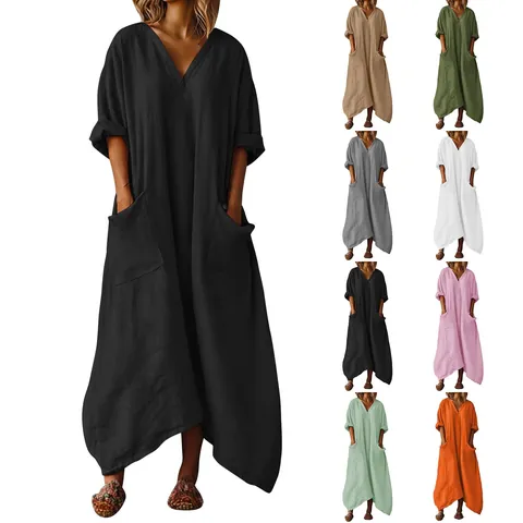 Women's Plus Size Bohemian Solid Cotton Linen Maxi Dress Casual Deep V-Neck Loose Kaftan Dress with Large Side Pockets