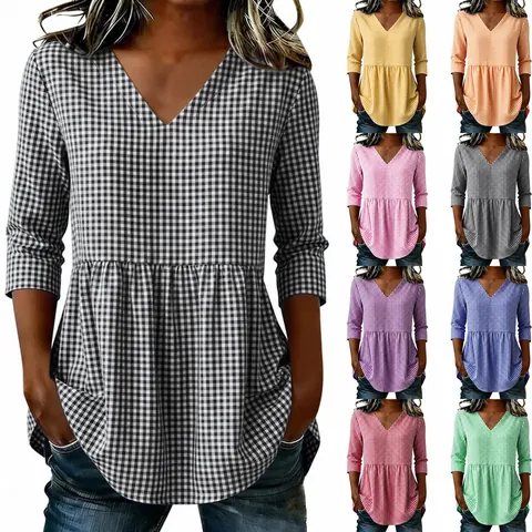 Women Cotton Linen Gingham V Neck Peplum Top Summer Casual 3/4 Sleeve Waist Cinching Ruffle Hem Blouse Plaid Shirt Top
