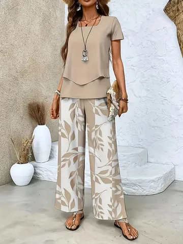 Women Casual Leaf Print Polyester Top And Bottom Set Round Neck Short Sleeve Top And Wide Leg Pants Holiday Summer Outfit
