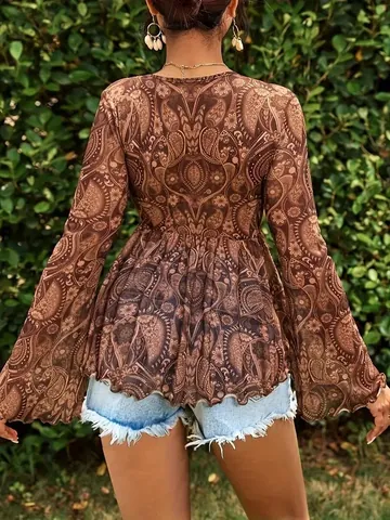 Damen Tiefer V-Ausschnitt Paisleymuster Mesh Top Transparent Glockenärmel Binde-Detail Boho Vintage Slim Fit Langarm T-Shirt