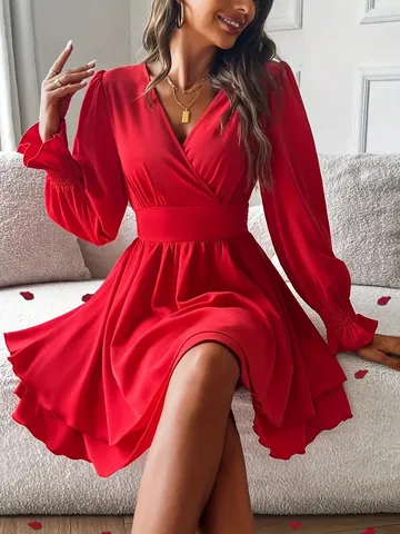 Women's Elegant V-Neck Long Sleeve Tiered Ruffle Hem Dress Solid Color Waisted Short Mini A-Line Woven Polyester Dress