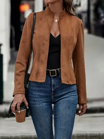 Damen Vintage Wildlederimitat Jacke Stehkragen Offene Vorderseite Einfarbig Langarm Lässige Schmale Passform Polyester Top