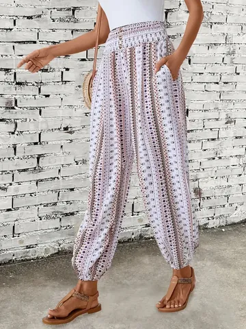 Women Bohemian Ethnic Print Pants High Smocked Waist Joggers Paisley Harem Pants Casual Vacation Long Trousers