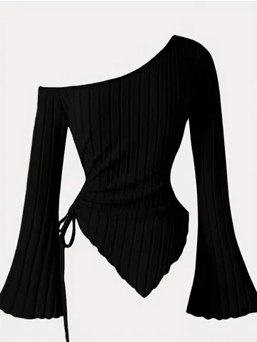 Women Elegant Asymmetrical Hem Bell Sleeve One Shoulder Ribbed Knit Top Ruched Drawstring Sexy Slim Fit Polyester Long Sleeve T-Shirt