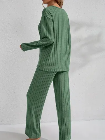 Γυναικείο Casual Ριγέ Σετ Loungewear με Μακρύ Μανίκι Πάνω και Κάτω Μονόχρωμο V-Λαιμόκοψη Φθινόπωρο Χειμώνας Μαλακό Πολυεστέρα