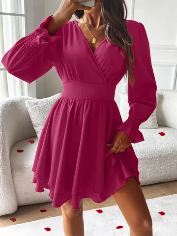 Women's Elegant V-Neck Long Sleeve Tiered Ruffle Hem Dress Solid Color Waisted Short Mini A-Line Woven Polyester Dress