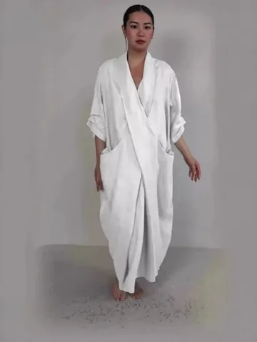 Women's Casual Polyester V-Neck Maxi Dress Solid Color Large Pocket Loose Fit Bathrobe Style Split Vacation Long Dress