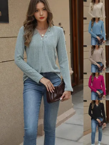 Damen V-Ausschnitt Gerippt Langarm T-Shirt Angerauter Stoff Dekorative Knöpfe Casual Einfarbig Spleißen Lose Passform Top
