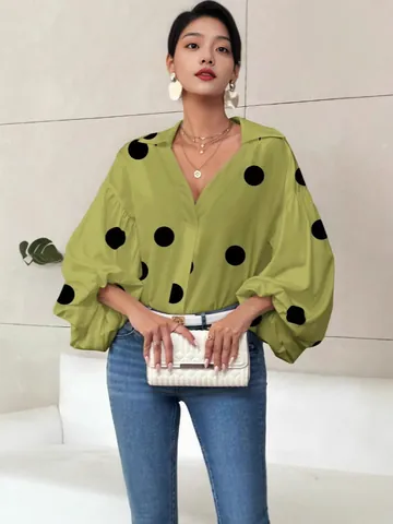 Women's Casual Polka Dot V Neck Puff Sleeve Blouse Loose Lantern Sleeve Printed Blouse Top For Office Daily Wear