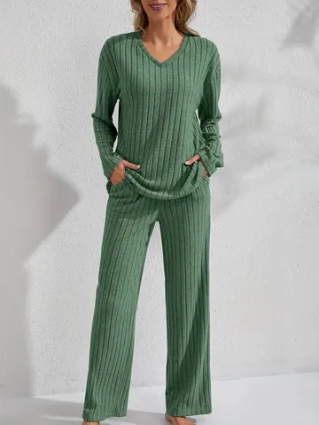 Γυναικείο Casual Ριγέ Σετ Loungewear με Μακρύ Μανίκι Πάνω και Κάτω Μονόχρωμο V-Λαιμόκοψη Φθινόπωρο Χειμώνας Μαλακό Πολυεστέρα