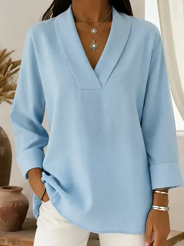 Women Elegant V-Neck Shawl Collar Blouse Loose Fit Solid Color Nine-Quarter Sleeve Shirt Office Lady Casual Tops