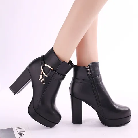 Bottines Martin Femme Talon Bloc Plateforme Bottines Couleur Unie Simili Cuir Fermeture Éclair Latérale Bout Rond Avec Pendentif