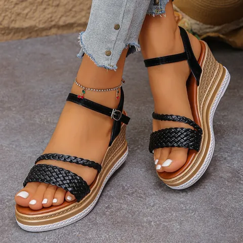 Sandales Compensées d'Été pour Femmes Bohème Tissé Plateforme Sandales Romaines Bride de Cheville Talon Haut Bout Ouvert Chaussures de Plage Grande Taille