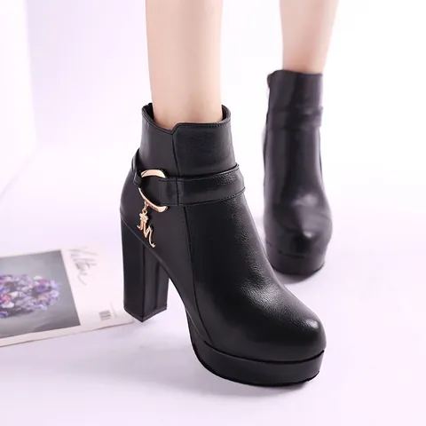 Bottines Martin Femme Talon Bloc Plateforme Bottines Couleur Unie Simili Cuir Fermeture Éclair Latérale Bout Rond Avec Pendentif