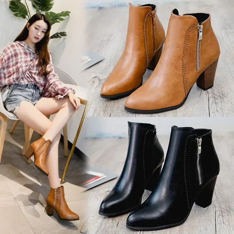 Bottes Martin en Cuir PU à la Mode pour Femmes à Bout Pointu avec Talon Épais Bottines Fermeture Éclair Latérale Automne Hiver Grande Taille