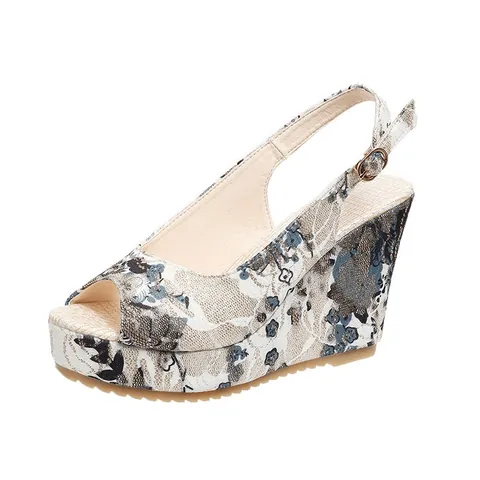 Sandales Compensées Fleuries pour Femmes Bout Ouvert Slingback Plateforme en Cuir PU Talon Haut Chaussures de Plage Décontractées