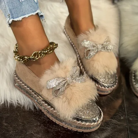 Women Rhinestone Bow Loafers Faux Fur Lined Slip On Casual Flat Shoes Autumn Winter Large Size Moccasins For Daily Wear