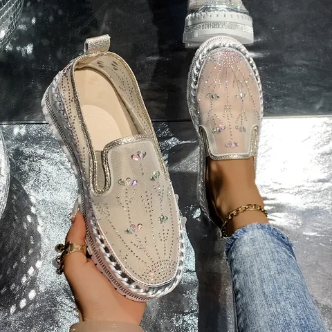 Women Rhinestone Platform Loafers Fashion Slip On Casual Shoes Sparkly Mesh Breathable Thick Sole Rivet Sneakers Walking Shoes