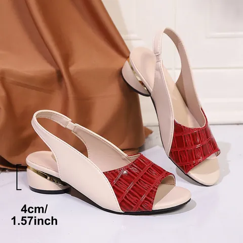 Women Color Block Peep Toe Sandals Crocodile Pattern Mid Block Heel Slingback Elastic Band PU Leather Summer Fashion Shoes