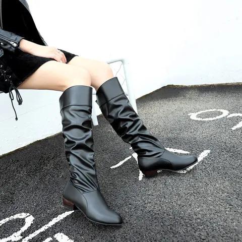 Bottes Slouchy Mi-Mollet pour Femmes Mode Talon Épais Bas en Cuir PU Bottines Martin Couleur Unie Bout Rond Bottes de Ville