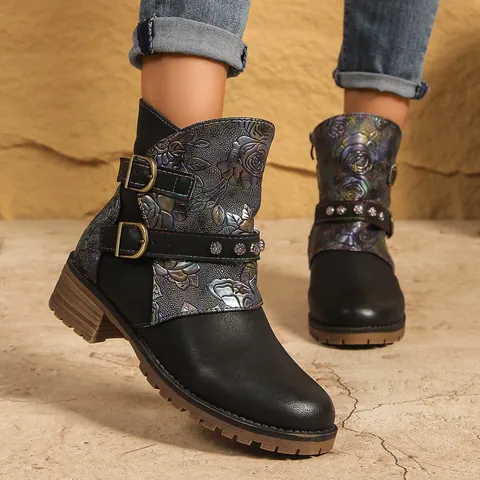 Bottines Cowboy de l'Ouest pour Femmes Retro Imprimé Floral Cuir PU Double Boucle Talon Épais Fermeture Éclair Latérale