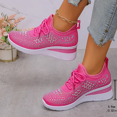Women Rhinestone Lace Up Casual Sneakers Breathable Mesh Platform Wedge Fashion Sport Shoes For Daily Walking