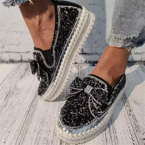 Dames Strass Strik Plateau Loafers Slip-on Casual Dikke Zool Schoenen Glimmende Bling Ademende Platte Vrijetijdsschoenen