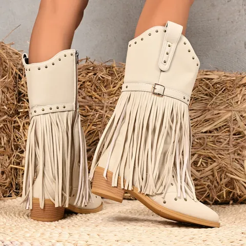 Bottes Cowboy Western pour Femmes à Franges Rivets Boucle Bout Pointu Talon Épais Mi-Mollet Cuir PU Automne Hiver
