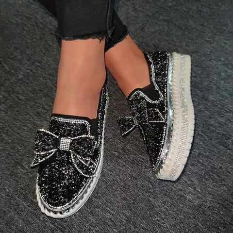 Dames Strass Strik Plateau Loafers Slip-on Casual Dikke Zool Schoenen Glimmende Bling Ademende Platte Vrijetijdsschoenen