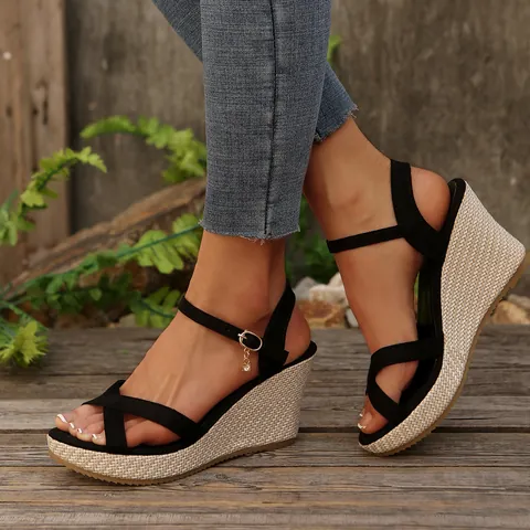 Women Wedge Sandals Cross Straps Ankle Buckle Strap Platform Summer Shoes Faux Suede Peep Toe High Heels Comfort Sandals