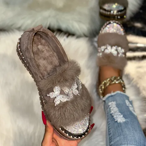 Mocassins Femme à Plateforme Épaisse en Suède avec Bordure en Fourrure Artificielle Strass Papillon Chaussures Décontractées