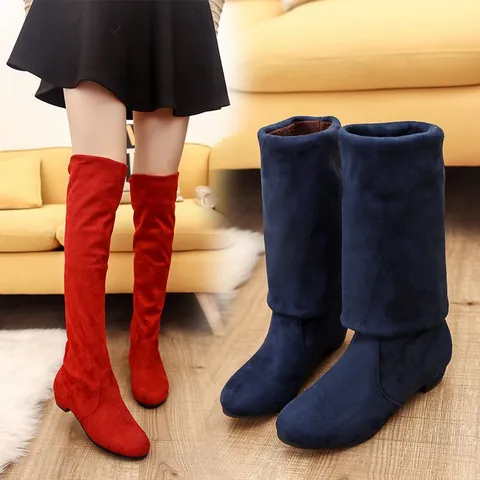 Women Suede Over-the-Knee Boots Stretch Elastic Long Fashion Boots with Fold-over Cuff Round Toe Low Flat Heel Thigh High Boots