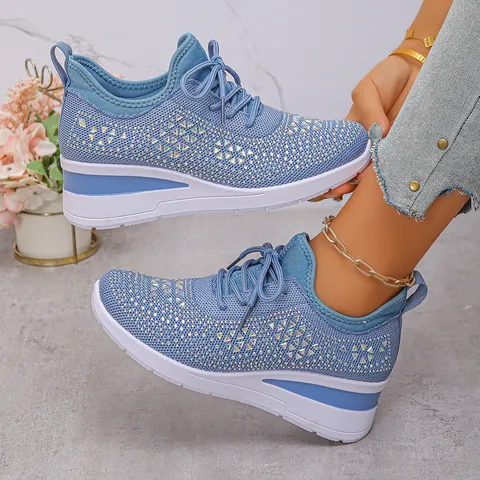 Women Mesh Rhinestone Sneakers Wedge Platform Walking Shoes Lace Up Breathable Height Increasing Casual Sport Fashion Shoes